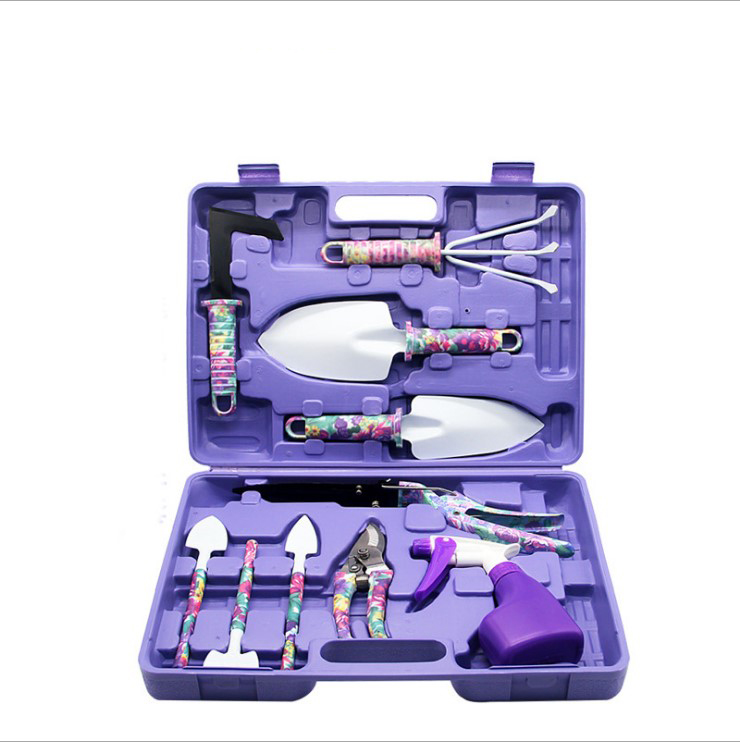 Gardening Tools Spade - ชุดเครื่องมือทำสวน 10 ชิ้น กล่องพลาสติกลายดอกไม้ พร้อมส้อมสแตนเลส สำหรับตัดแต่งสวนกลางแจ้ง